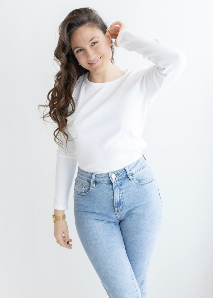 Geripptes Basic Longsleeve | Weiß