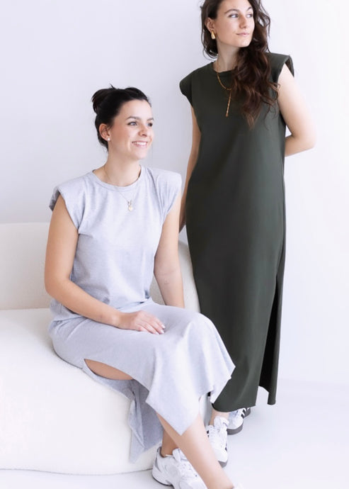 Basic Kleid Sommer Khaki Grau Baumwollkleid mit Schlitz