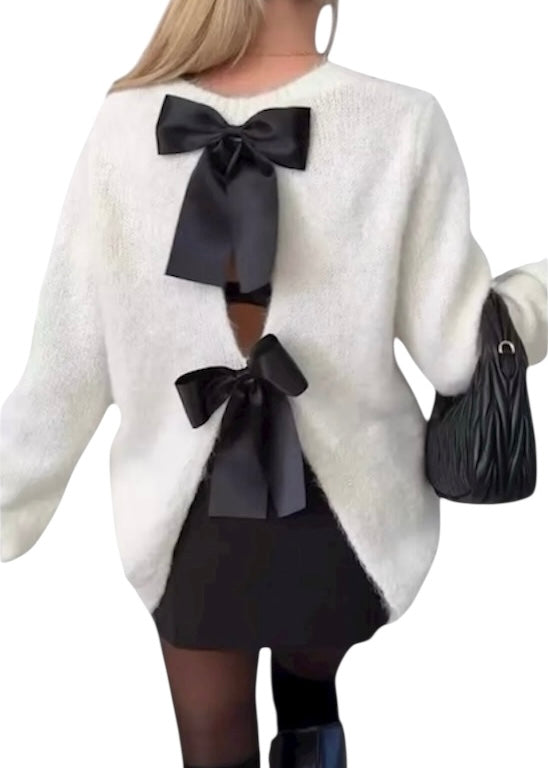 Strickpullover mit Schleife | Grau & Wollweiss